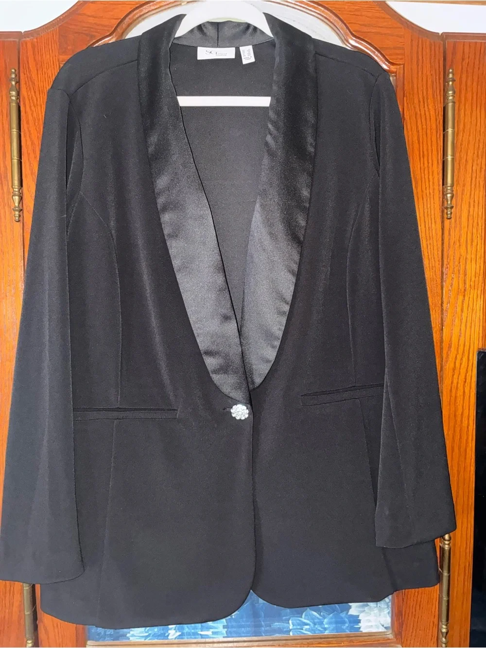 Susan Graver Black Satin-Lapel Blazer with Decorative Button